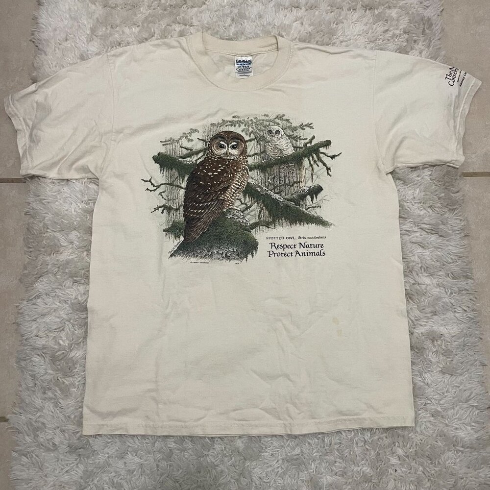 VINTAGE GILDAN Activewear Ultra Cotton Mens Large White Cream Nature Graphic Tsh